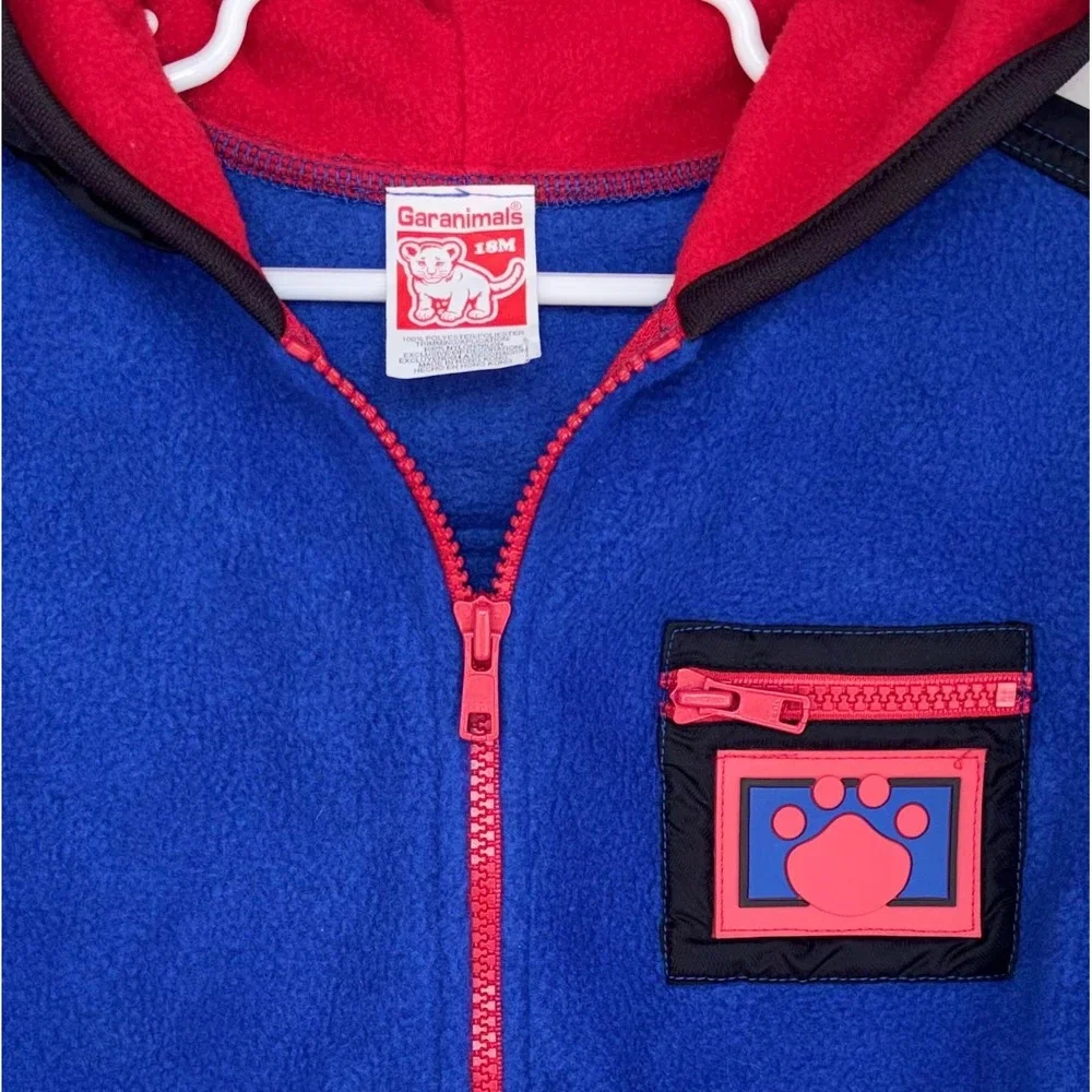 VINTAGE 90'S GARANIMALS Toddler Boy Jacket Fleece Zip Blue Red Fleece Hooded Paw